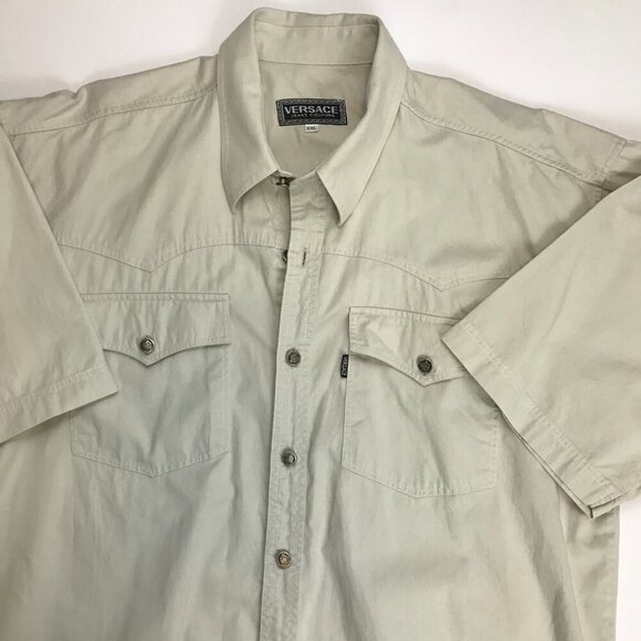 Versace Men 100% Cotton 2XL Button Tan Short Sleeve Shirt - Picture 1 of 6